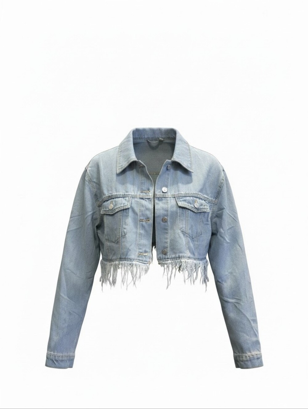 Light Blue Cropped Frayed Hem Denim Jacket